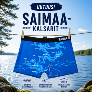 saimaa-kalsarit roikkuvat narulla järvimaisema taustalla