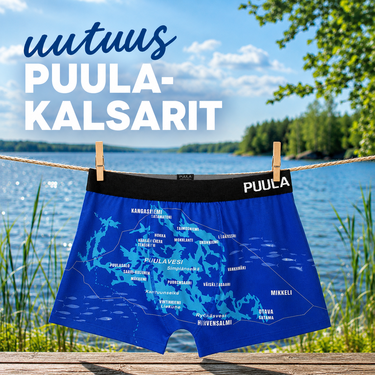 Puula-karttakalsarit järvimaisemassa