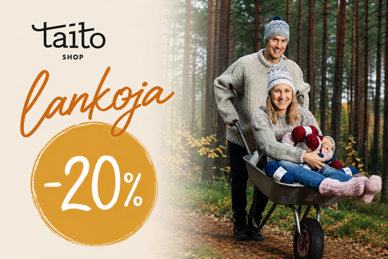 nainen kottikärryissä sylissään lankoja, mies työntää